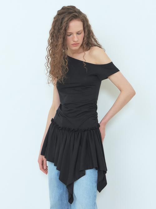 One-Shoulder Frill Mini Dress Black