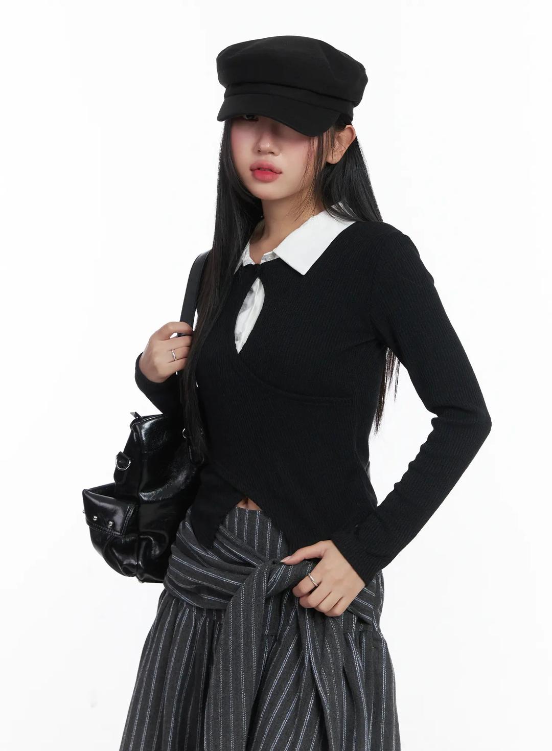 Button Wrap Collar Ribbed Long Sleeve Top CD529 - Black / S/M