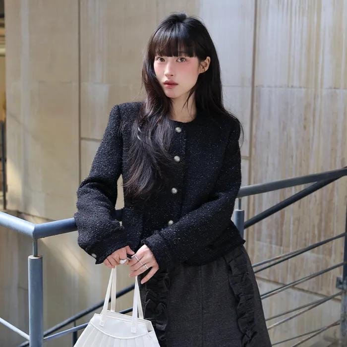 프린지 커프스 트위드 자켓 (블랙)