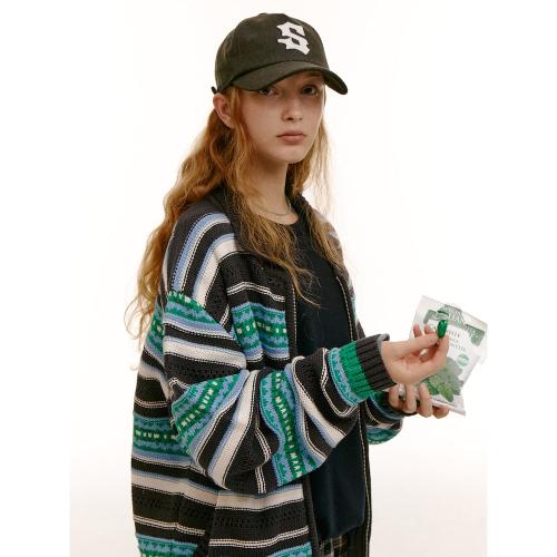 (UNISEX) 조직 스트라이프 니트 카디건  네이비