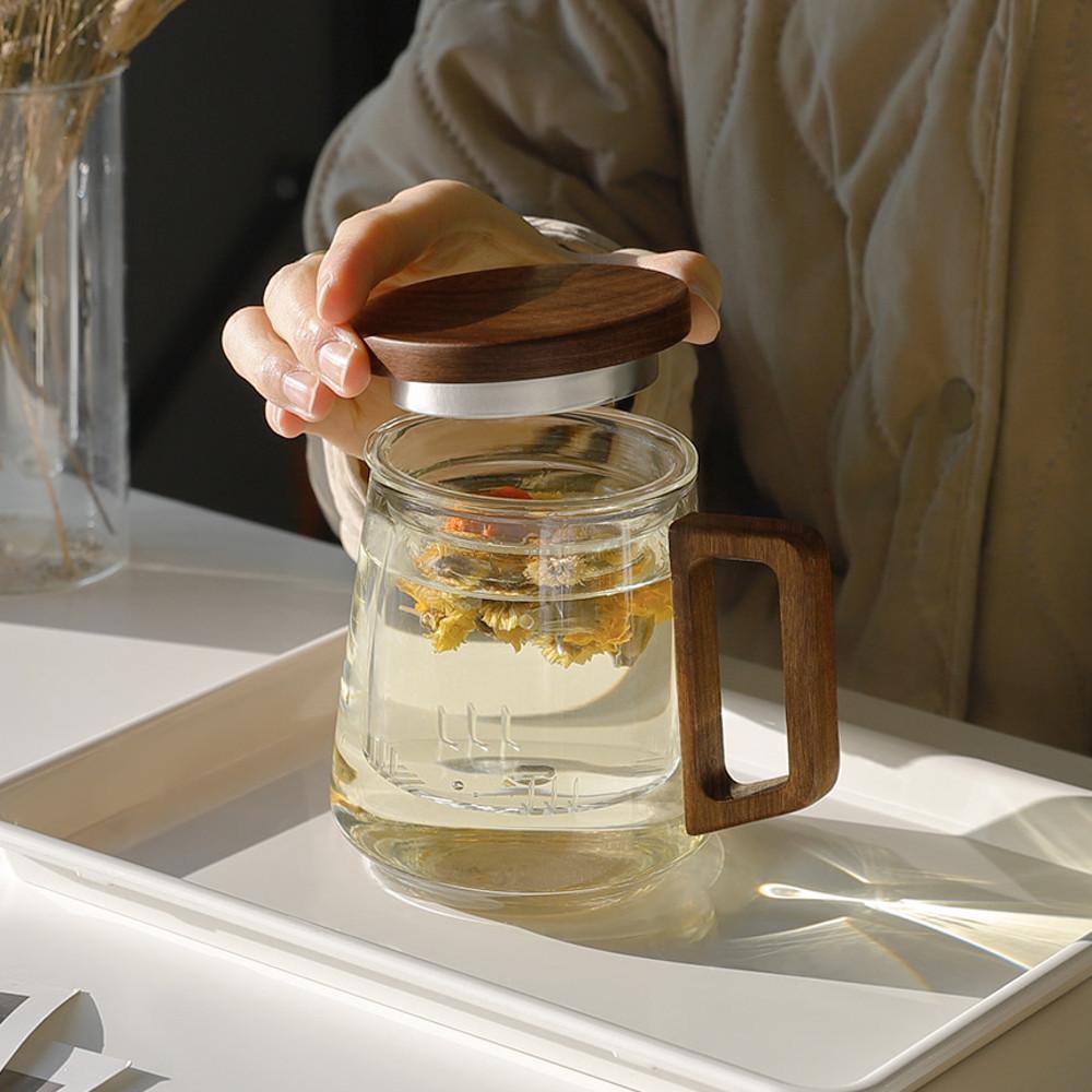 차우리는컵 티머그 뚜껑있는머그컵 우드손잡이컵 거름망찻잔 내열유리머그 디앤 2SIZE