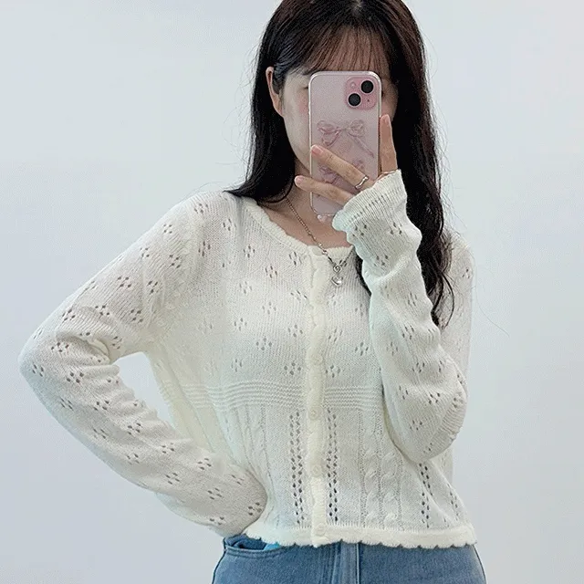 [국내제작/여리여리] 이브 레이스 펀칭 자수 긴팔 가디건(5color)