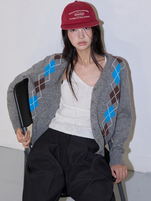 ARGYLE MERINO WOOL CARDIGAN MELANGE GREY