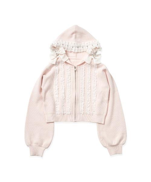 Ribbon ＆ lace ruffle headdress hoodie ニット