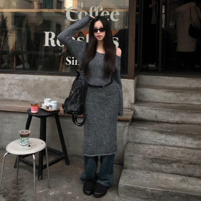 [자체제작][숏/롱] 베일 울8% 헤어리 오프숄더 니트 원피스 -4 color