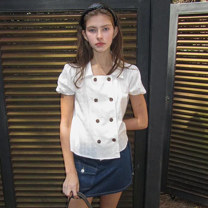 버드 체크 플레어 블라우스 ( 화이트 )