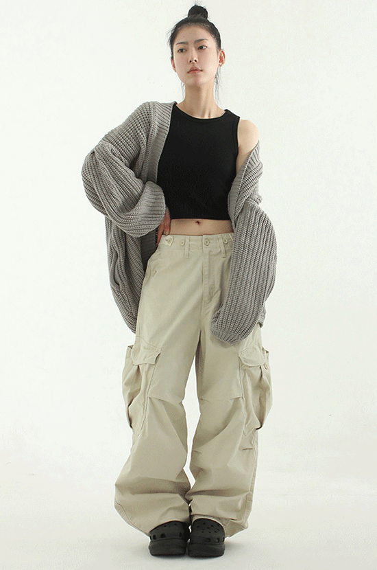 button up cotton cargo wide pants