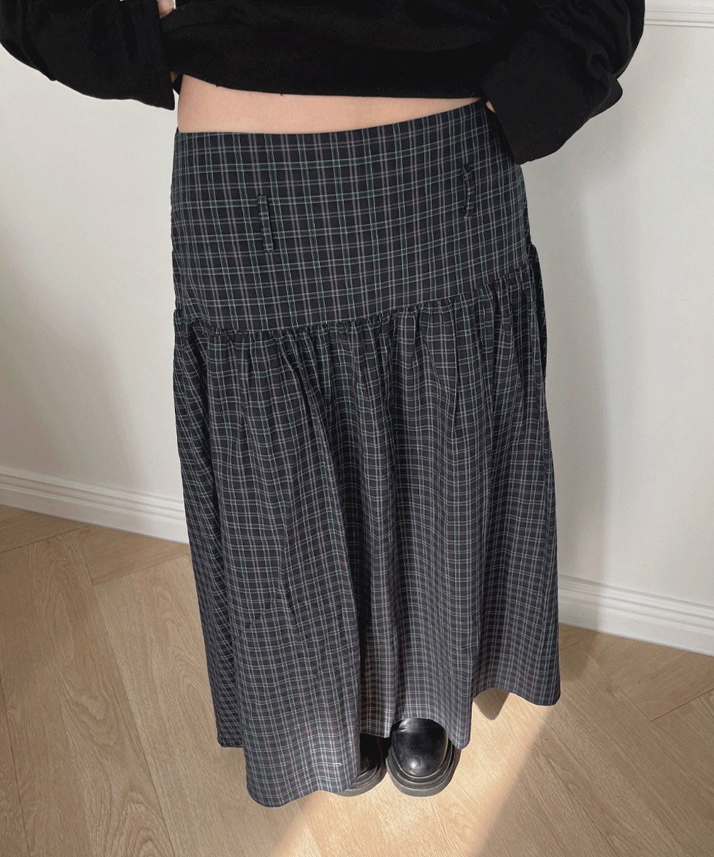 크리디 [벨트고리] 누옹 빈티지 체크 셔링 플레어 롱 스커트 치마