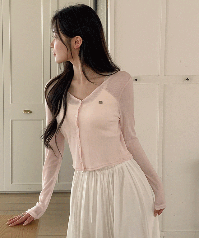 모어핏 [여리핏/살안타템] 무슈 팬던트 시스루 잔골지 브이넥 세미 크롭 긴팔 가디건 5colors