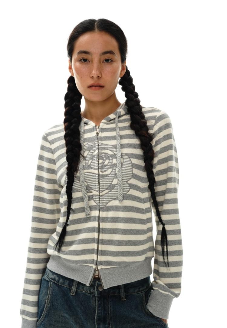 OINIMI Stripe Rose Embroidery Hoodie Jacket