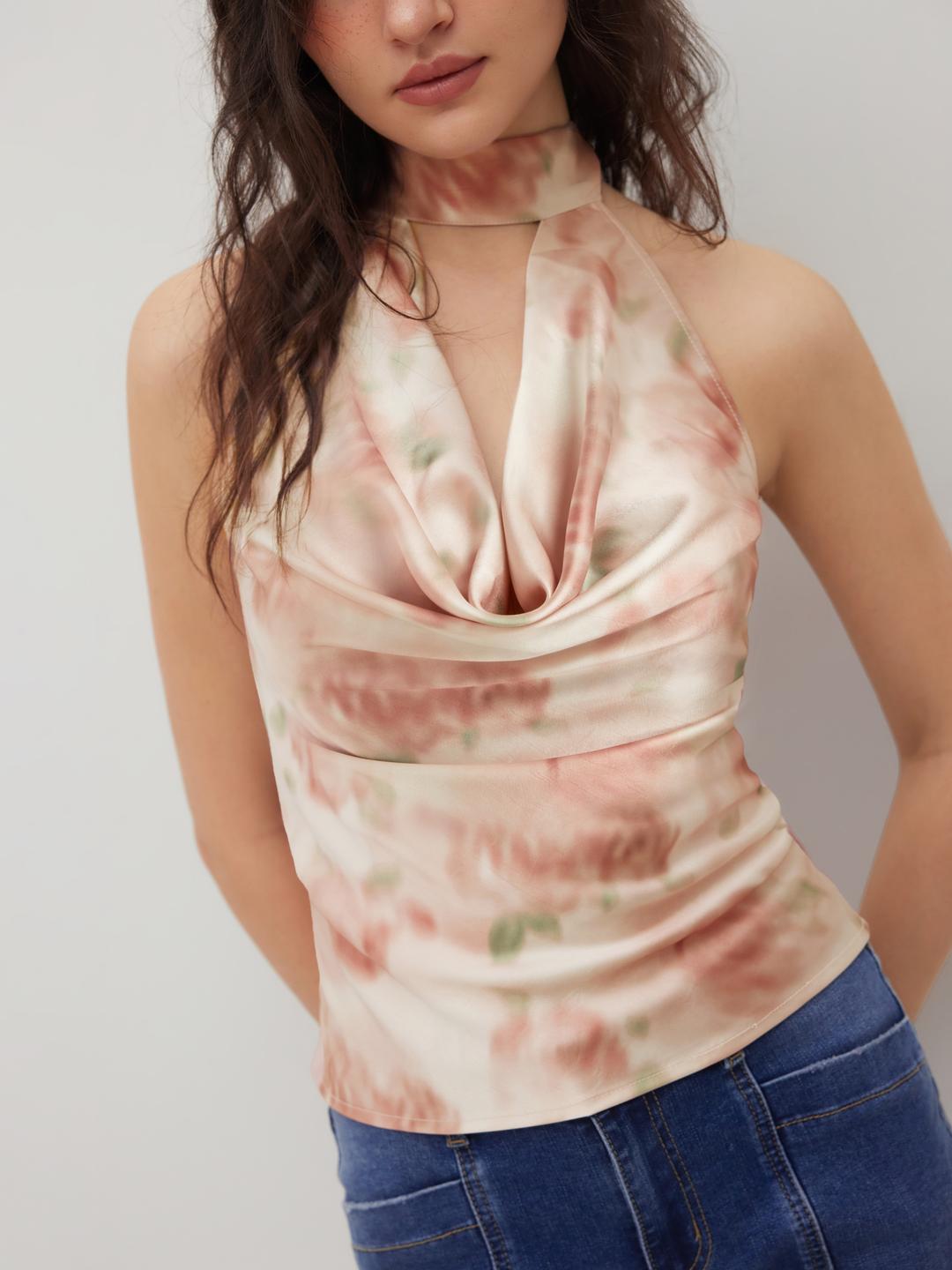 Satin Halter Neckline Floral Bowknot Tank Top
