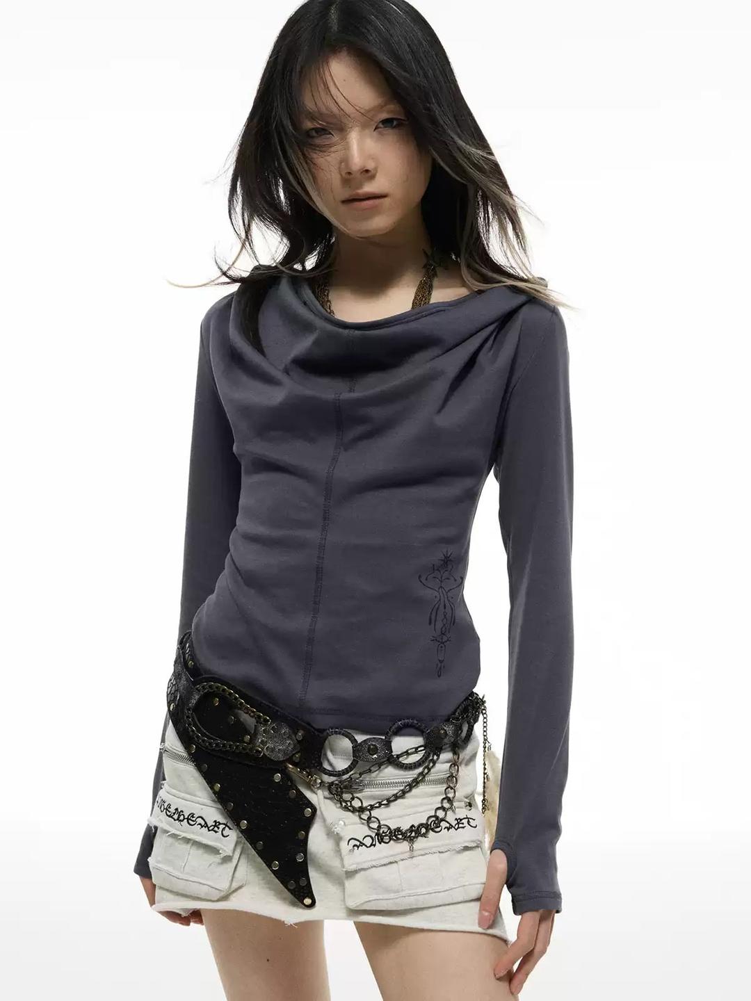 SOURSWING Collar printed spring long sleeve t-shirt top