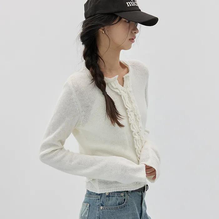 RUFFLE WOOL KNIT CARDIGAN SET IVORY