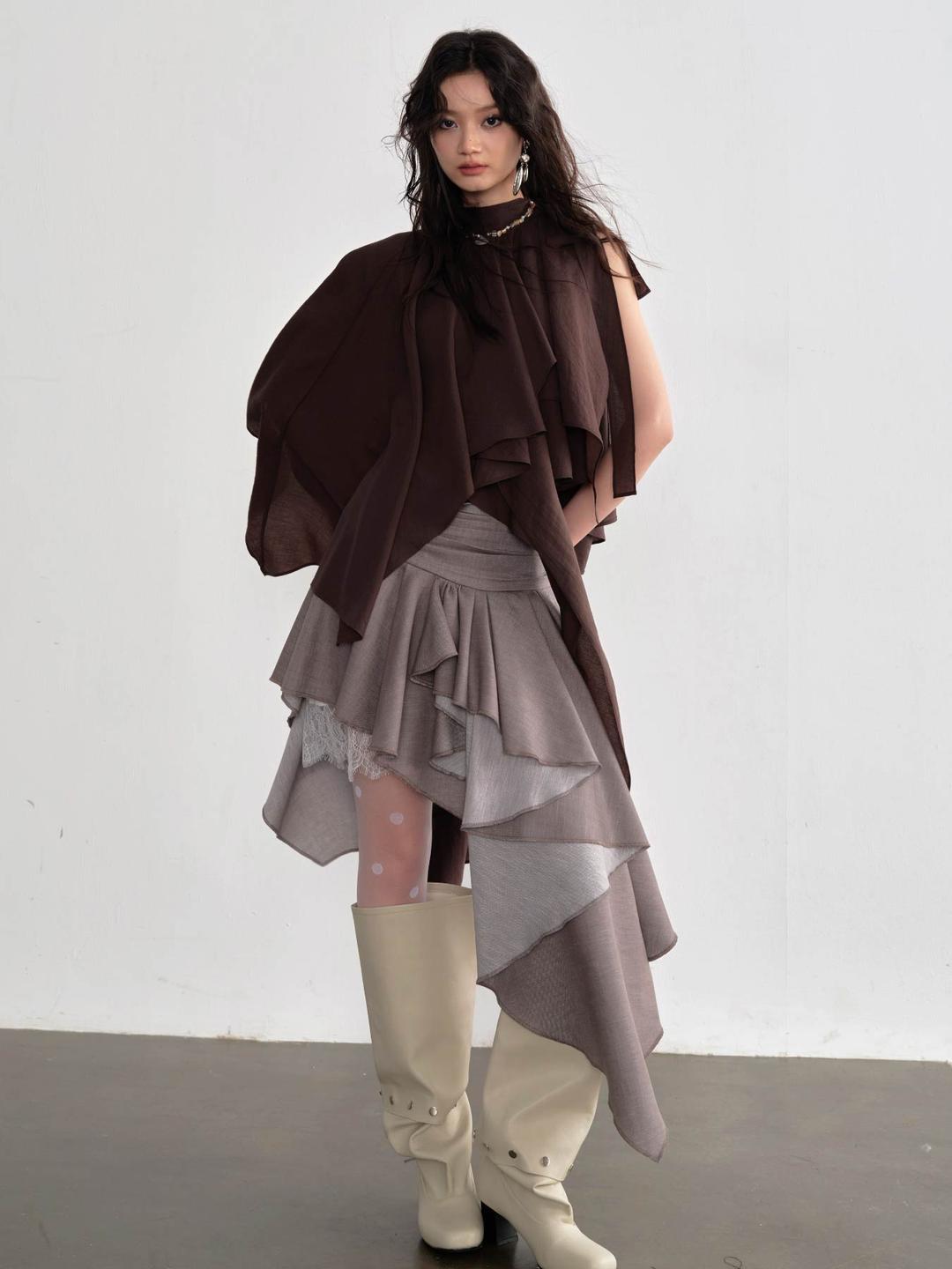 [JNYLON STUDIOS] Lace Patchwork Frill Pleats Skirt