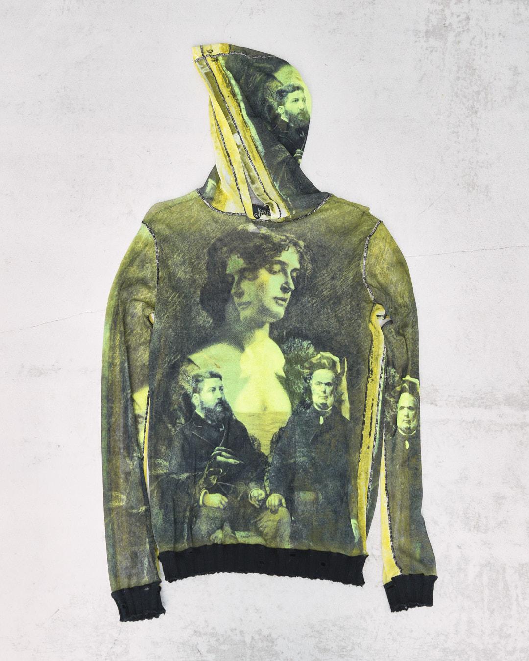 JEAN PAUL GAULTIER 90s PAINTING GREEN HOODED GRAPHICAL MESH TOP - Anemonia