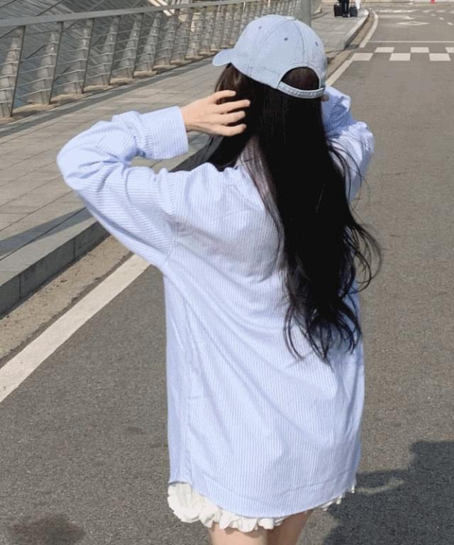 로얄 옥스퍼드 스트라이프 오버핏 체크 긴팔 셔츠 남녀공용 커플룩