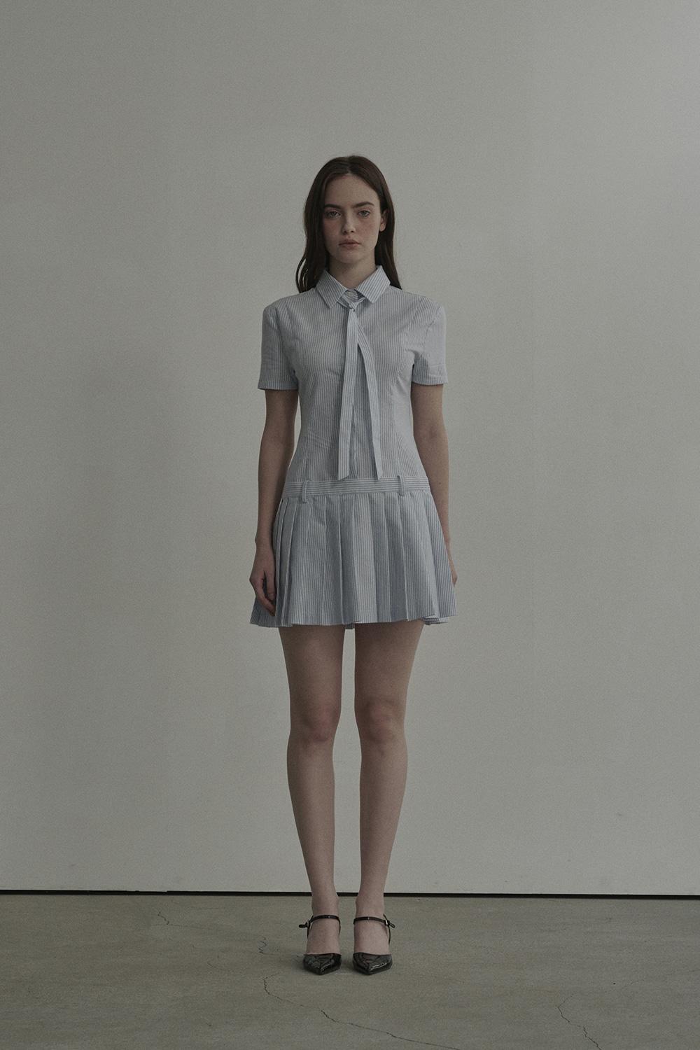 [3월 17일 예약발송] Tie Pleated Shirt Dress-Stripe