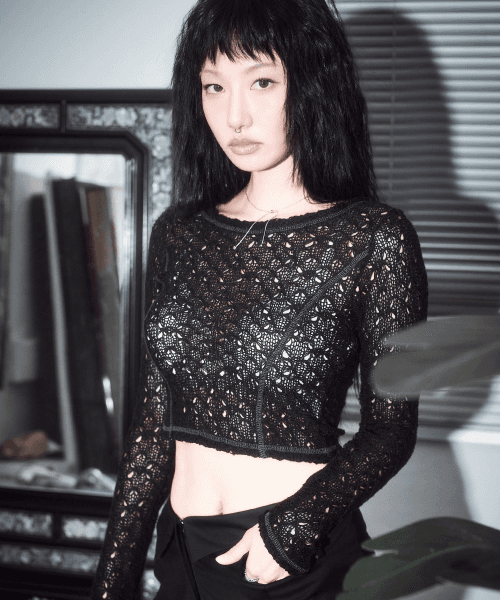 슬림 스티치 크롭 니트 [블랙]