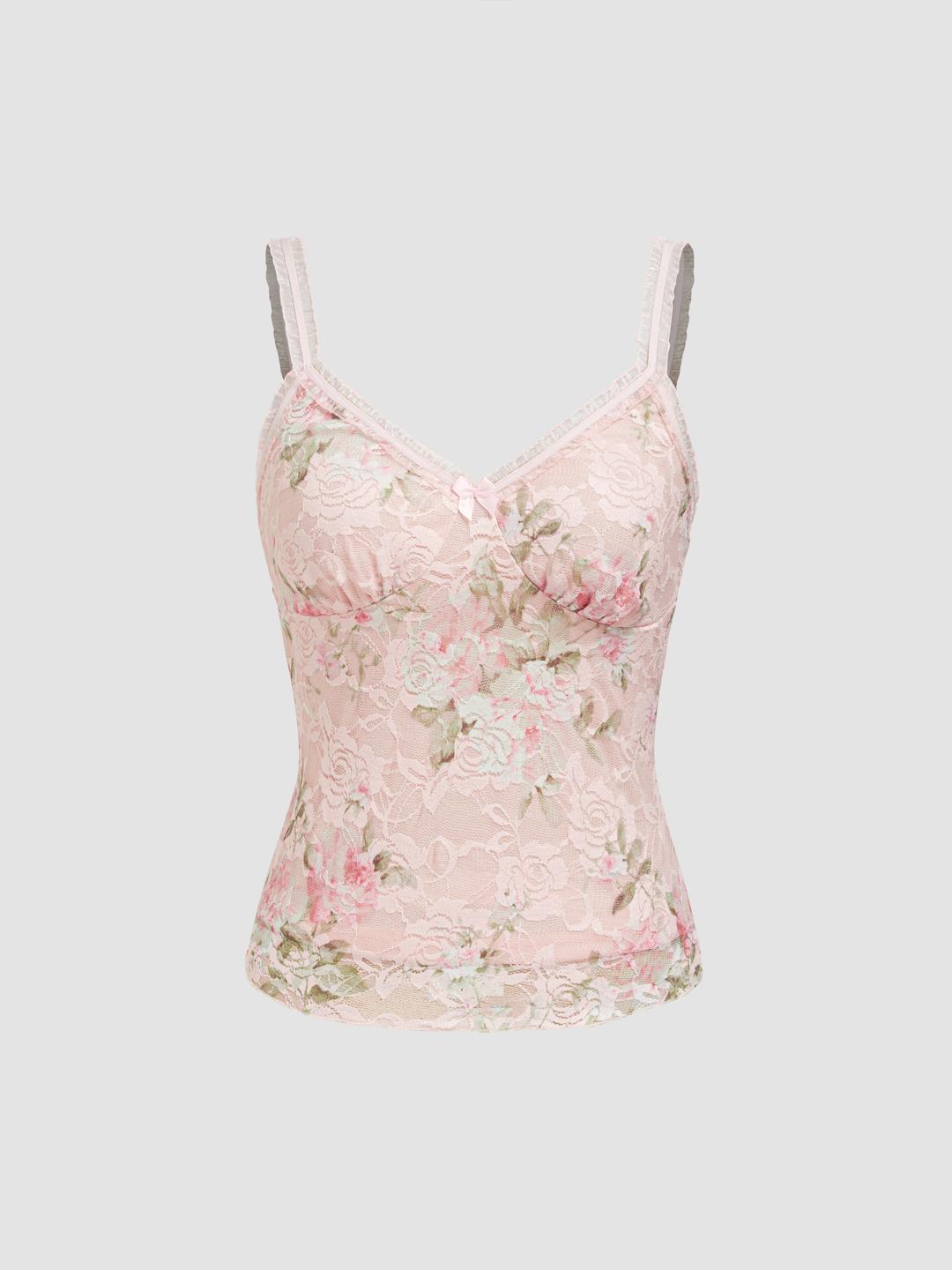 Sweetheart Lace Floral Lettuce Trim Bowknot Cami Top