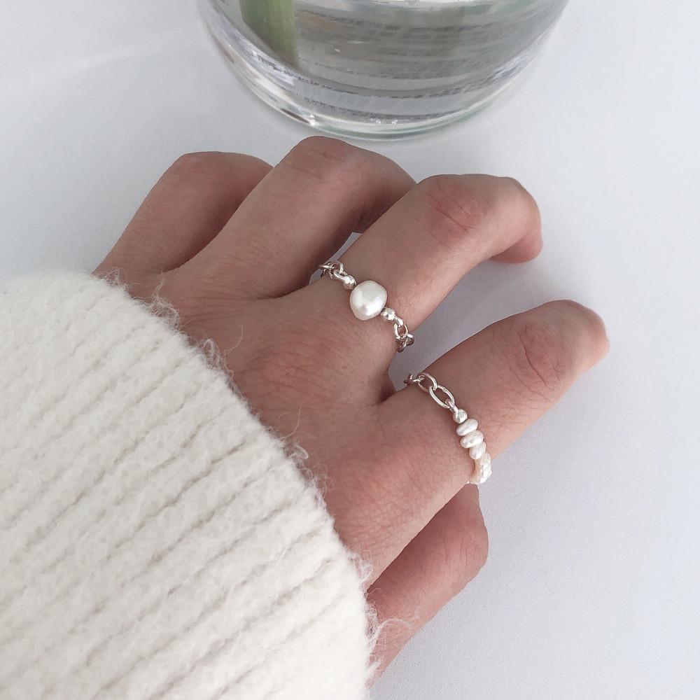 실버925 오우랜 좁쌀 진주 체인 반지