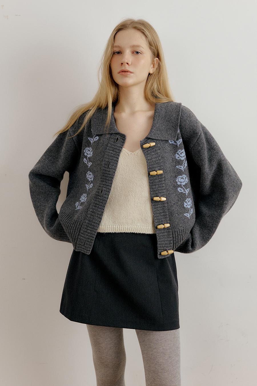 FLOWER WOOL CARDIGAN - CHARCOAL