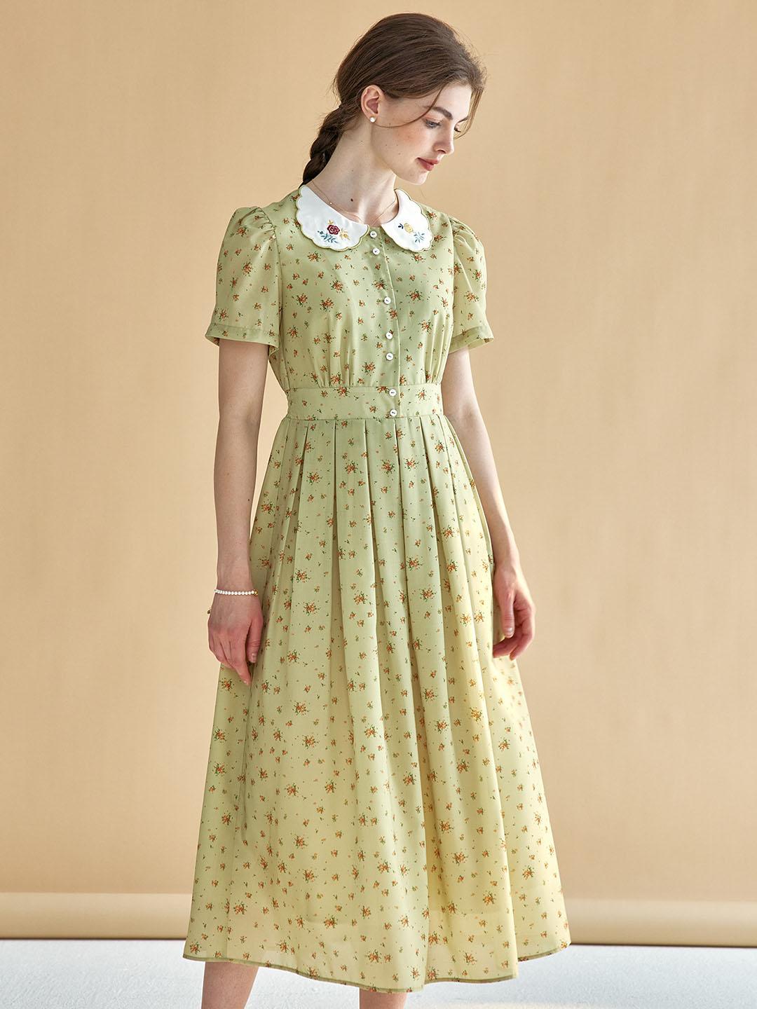 Livia Ditsy Floral Print Peter Pan Collar Puff Sleeve Dress - Lime Green / S