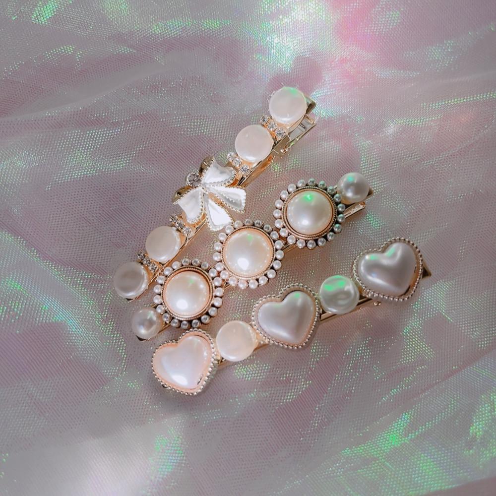 러블리 진주 큐빅 리본 하트 머리핀 헤어핀 3종