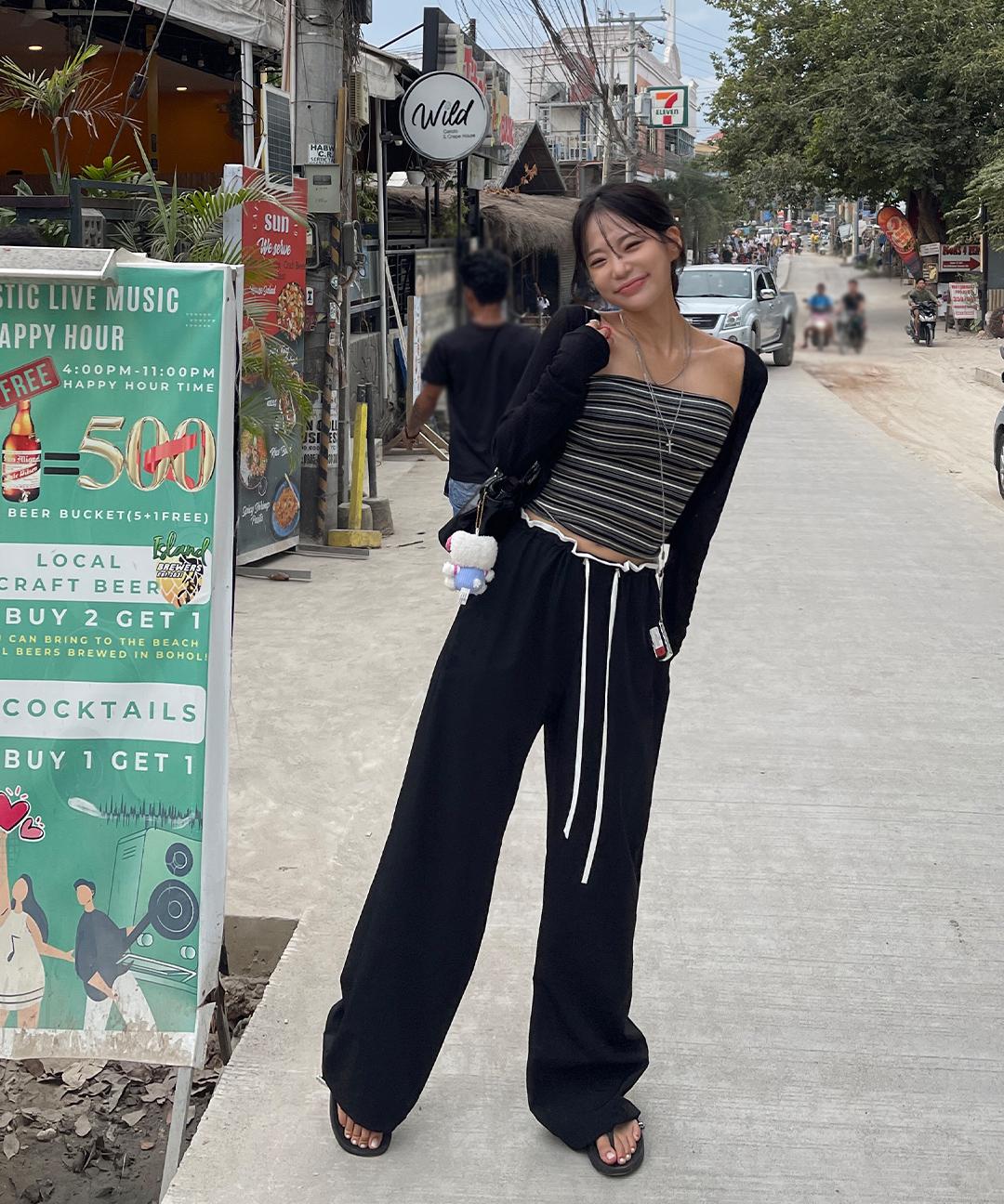 밍피스 포디 나일론 배색 바스락 스판 롱 와이드 밴딩 팬츠