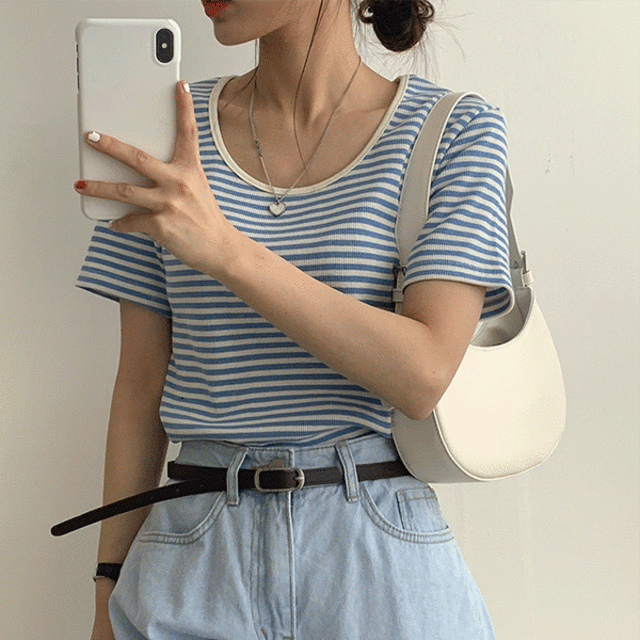 슬로우베리 [ 무료배송/색감예쁨! ] 베리 단가라 u넥 반팔T