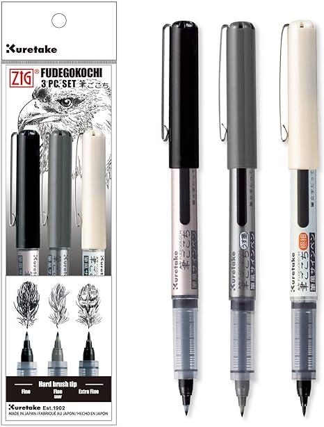 Kuretake ZIG FUDEGOKOCHI 3 Brush pens set, Ideal for Inktober, No mess, for beginners, Hand lettering, calligraphy, illustration, sketching, outlining, drawing, cartoon, signature, Made in Japan