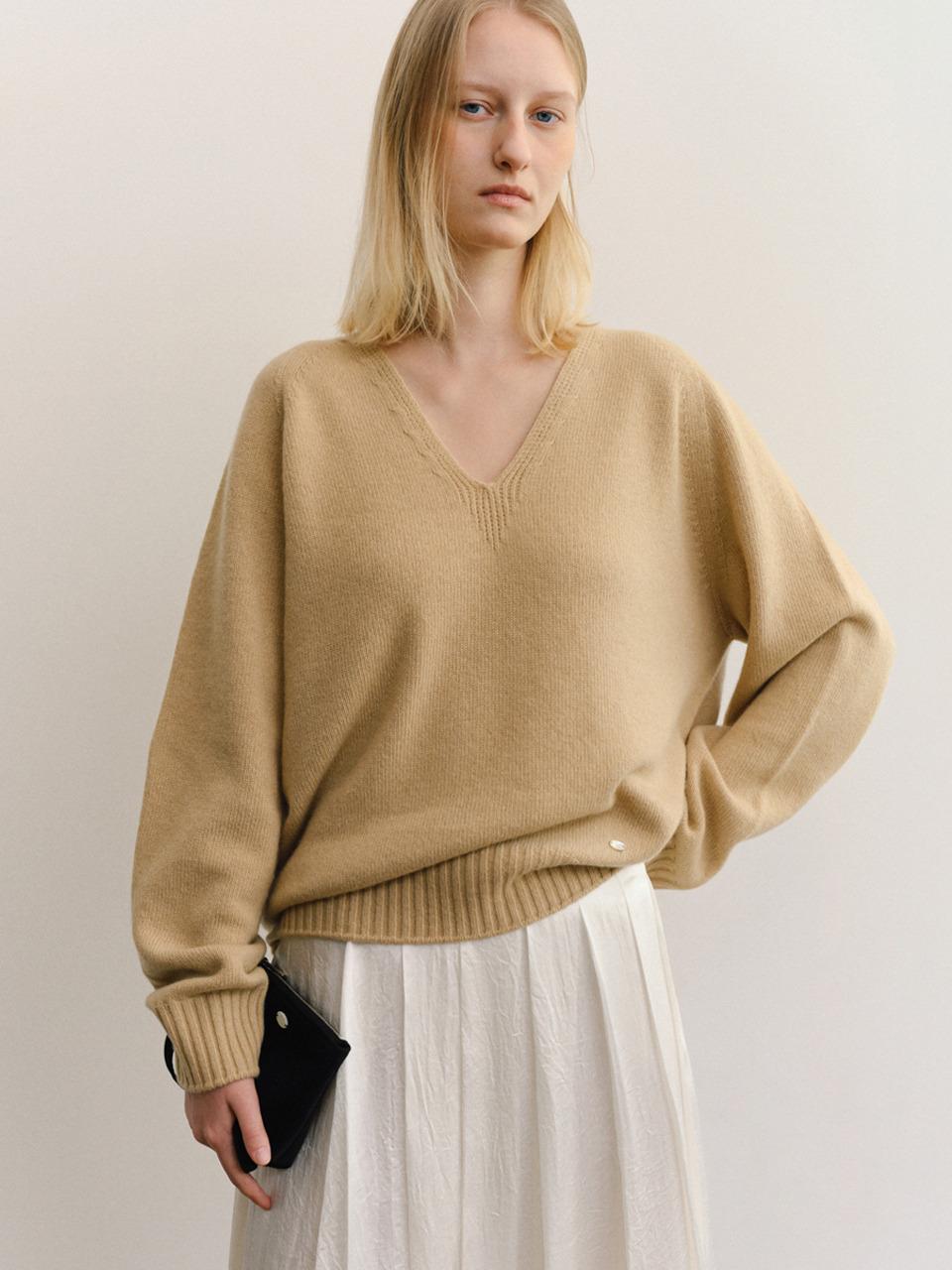 CASH MERINO WOOL V-NECK KNIT_BEIGE_OE3C2CKN91BEG
