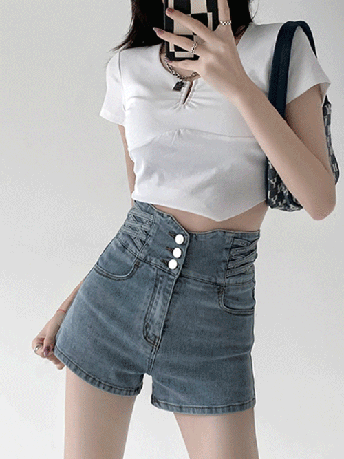 [~2XL] 3color 싱글 브레스트 하이웨스트 반바지 숏팬츠 P#YW063