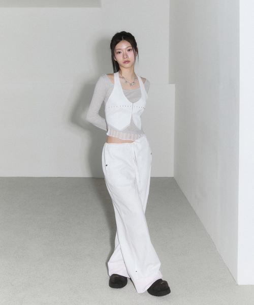 lace layered roll up denim - white