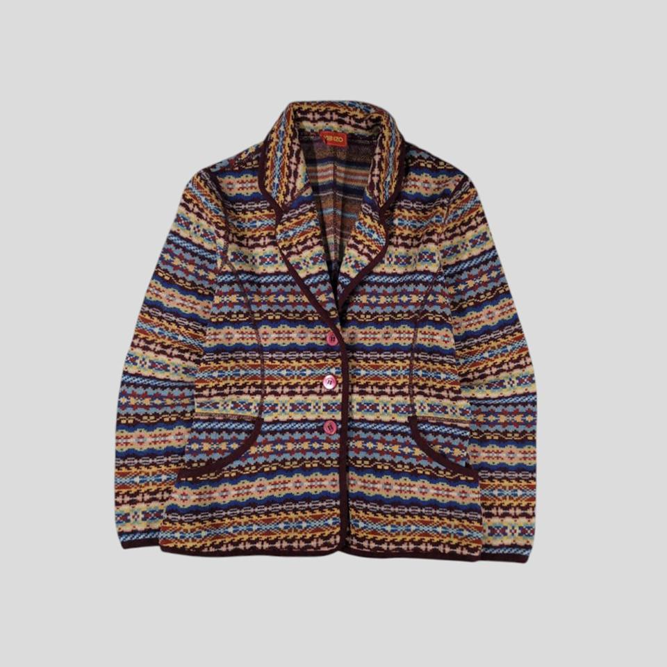 KENZO 겐조 JP 버건디 멀티컬러 에스닉패턴 숄카라 신치백 울블렌드 니트 블레이저 가디건 MADE IN JAPAN S
