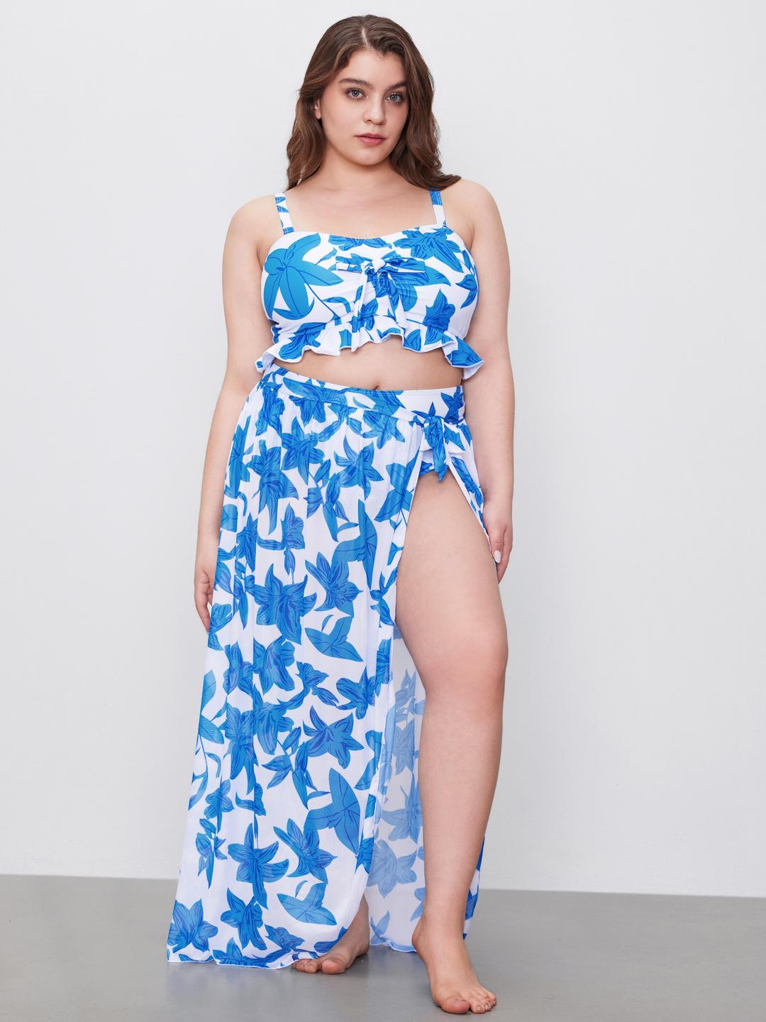Floral Bowknot Bikini Set With Sarong Curve & Plus