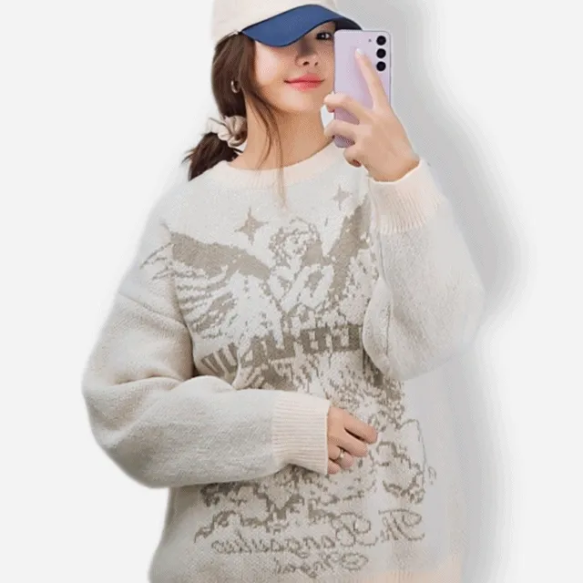 [🚀당일발송 /주문폭주😍] 가바바 남녀공용 픽셀 그래픽 천사 디자인의 유니크한 라운드넥 긴팔 스웨터 G78217 (봄/봄옷/봄니트/빅사이즈니트/최저가/특가할인)