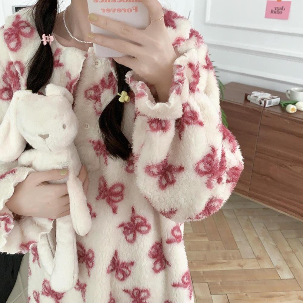 여성 수면원피스잠옷 카라 비비리본 극세사 홈웨어 파자마 임부복