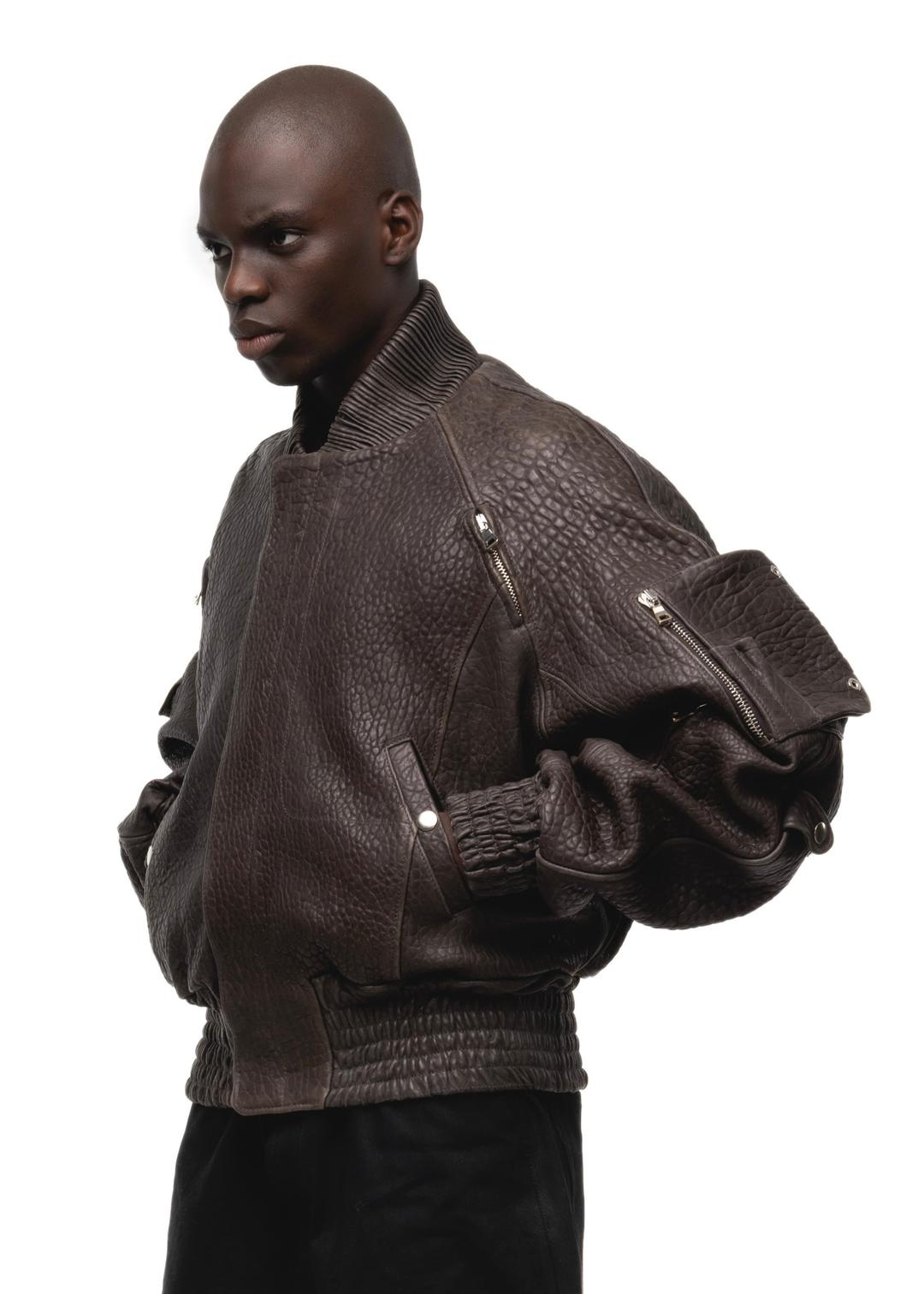 BROWN DRIED CONCRETE LEATHER BOMBER - SMALL