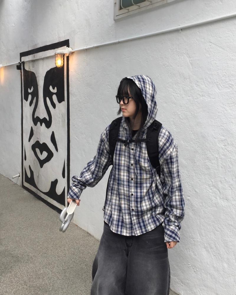 모직 베이스 체크 후드 셔츠