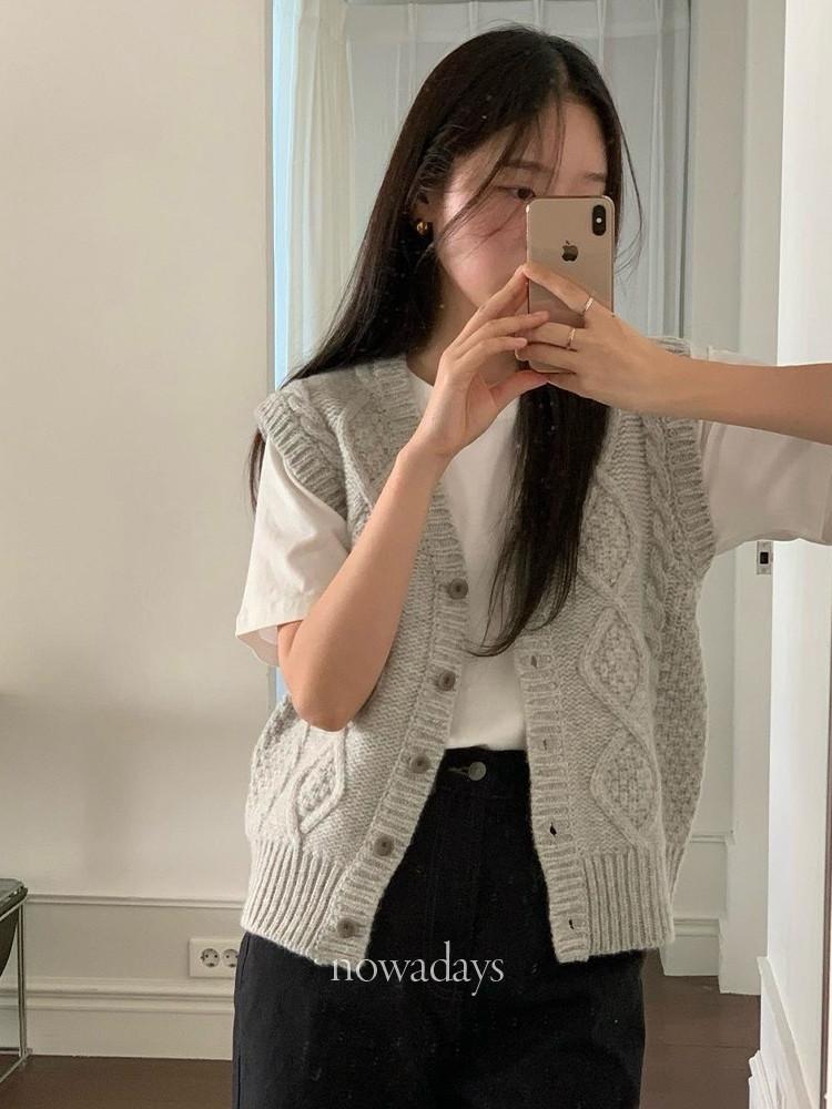 jinsim 진심 쉐기독 베스트 울100 꽈배기 브이넥 케이블 니트 조끼 (3col)