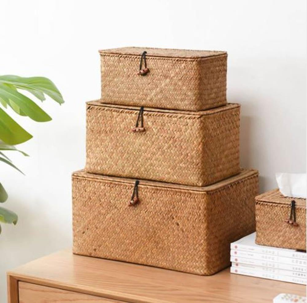 내츄럴 뚜껑 사각 수납 라탄바구니 바스켓 S사이즈