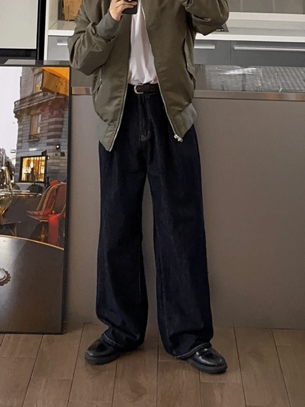 [Best] Stitch two tuck wide denim pants