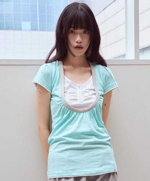 Shirring U neck T-shirts, Mint