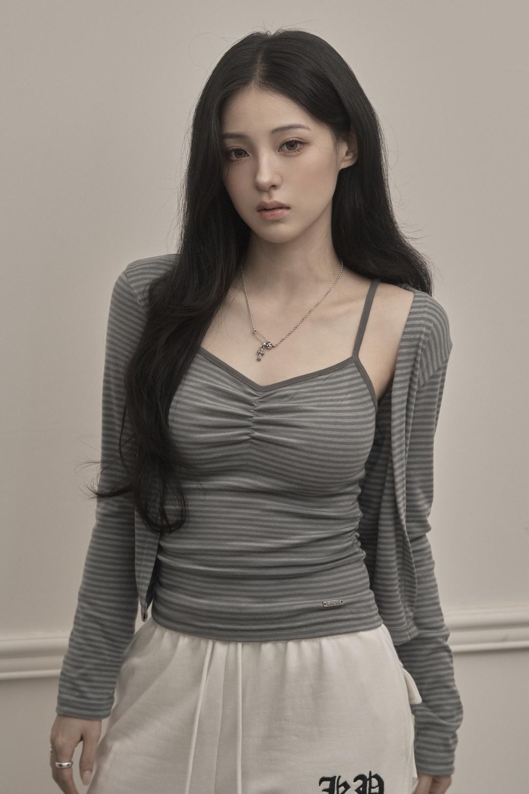 Stripe Cardigan & Sleeveless Set (gray)