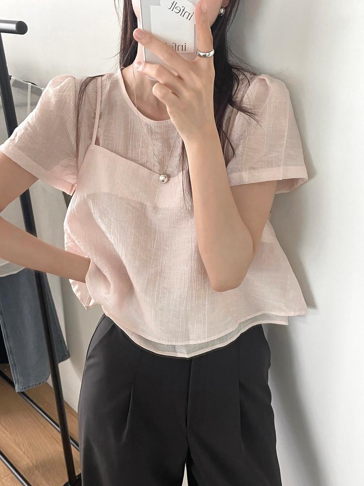 린다 여성 여름 실키 반팔 시스루 블라우스 뷔스티에 세트