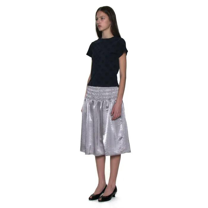 LACE TRIM SMOCKING MIDI SKIRT_GREY