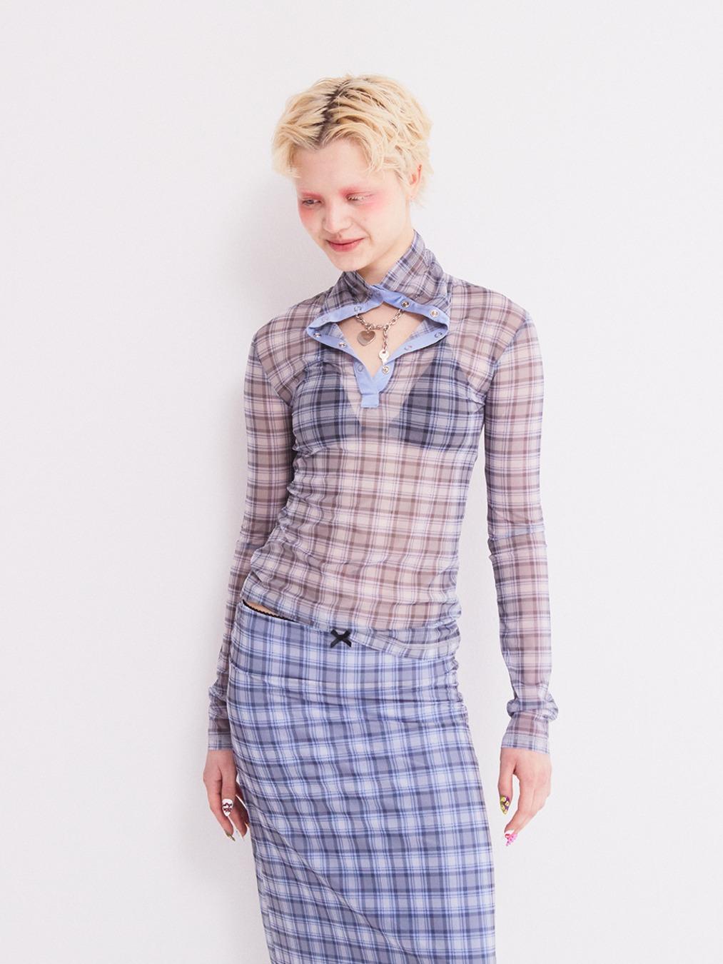 VINTAGE CHECKERED SNAP LONG T-SHIRT SKY BLUE