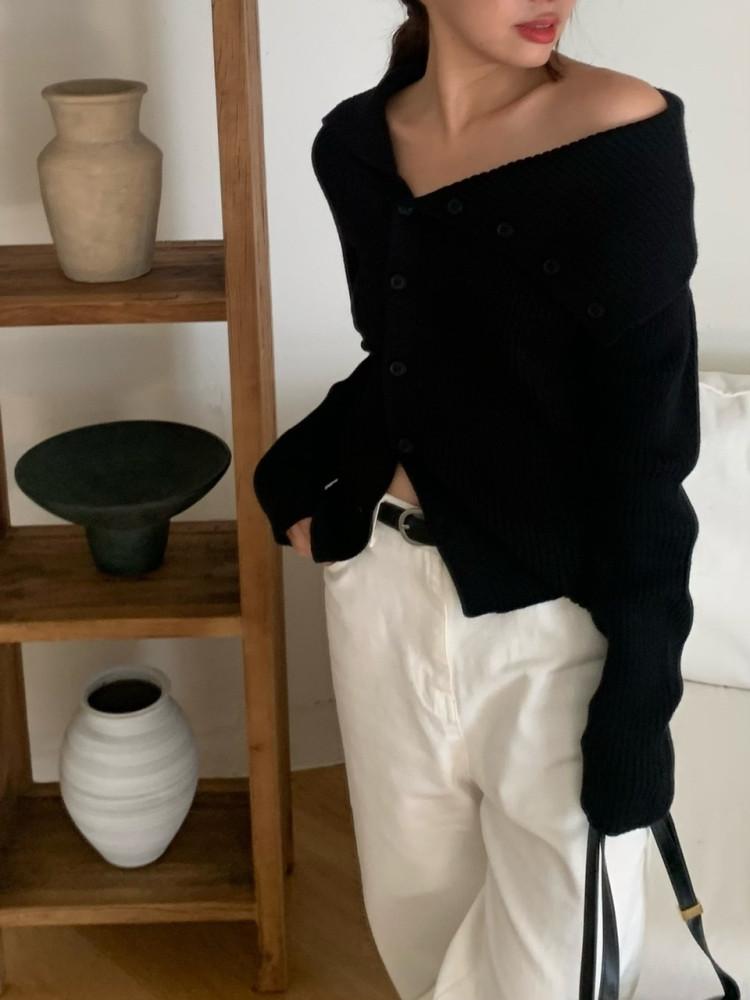 블랙당일/ Liberty 리버티 골지 버튼 오프 가디건 오프숄더 어깨 트임 간절기 3color