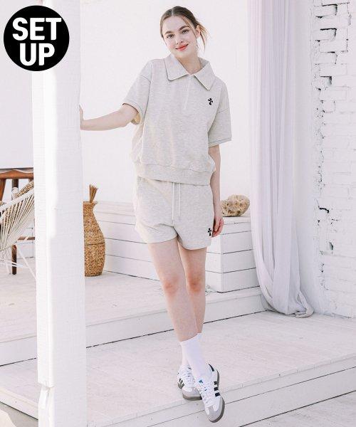 [SET] Women Hank Logo Half Zipup TEE Shorts Setup Oatmeal