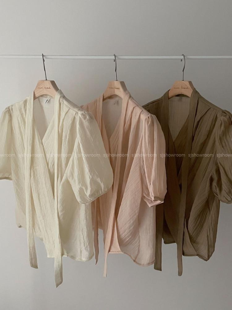 세일- 요루 랩 타이 블라우스 (핑크 브라운당일)